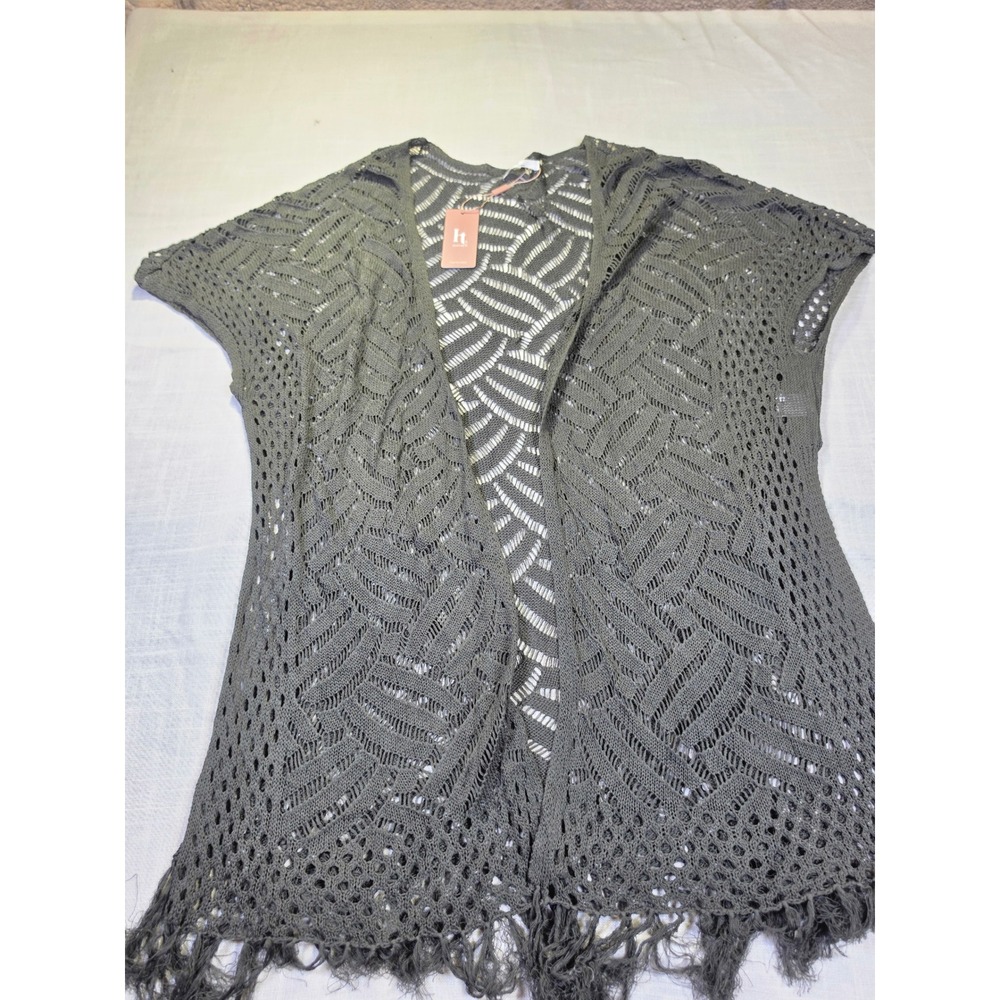 Hotouch Gray Crochet Open Front Fringed Cardigan Vest Boho Knit Cover Up Small